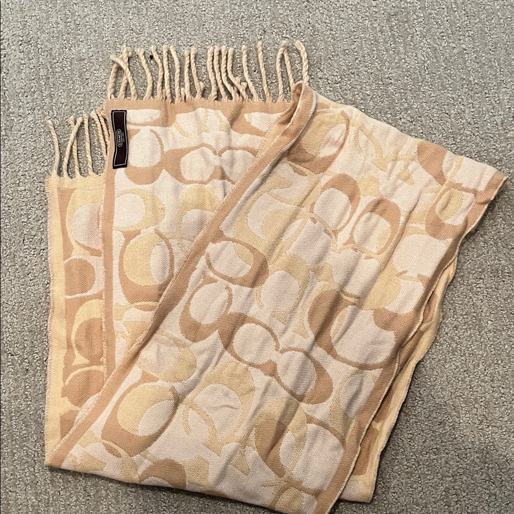 Coach Signature Jacquard Fringe Throw in Beige and Tan